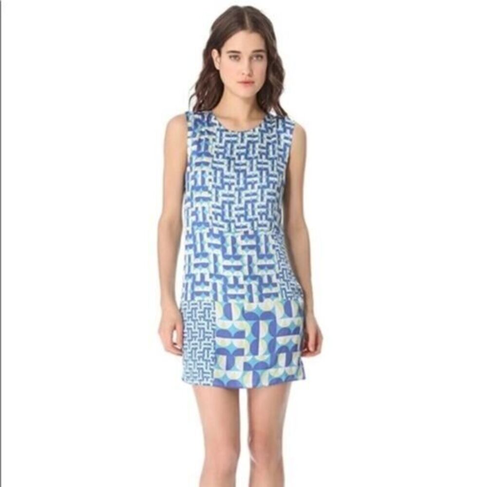 ADDISON womens blue silk geometric print sleeveless peekaboo shift dress size XS